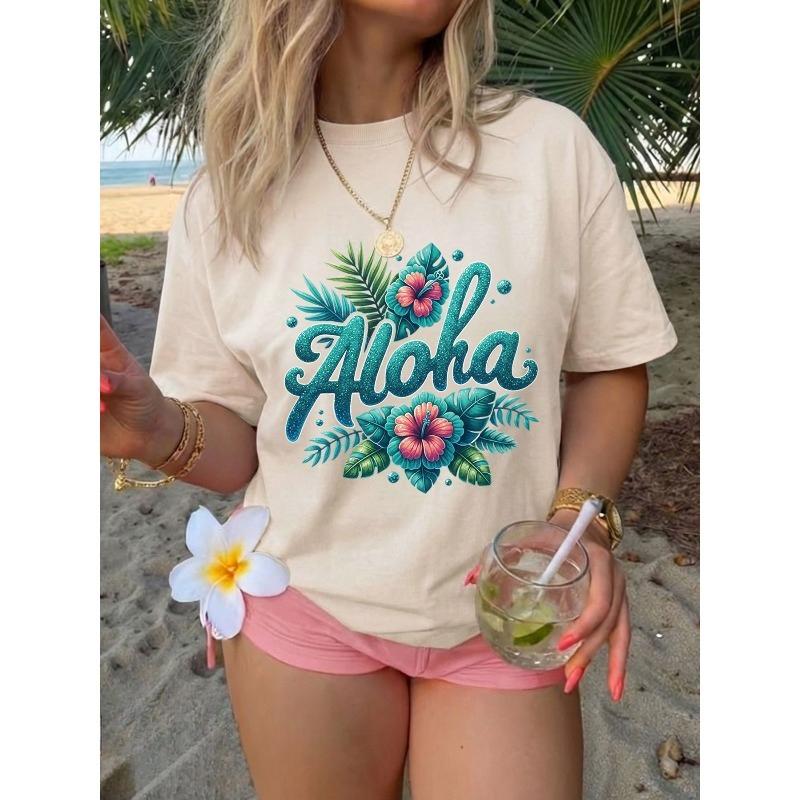 Spring/Summer Women s Top, Fresh Style, Hibiscus Flower and Tropical Leaf Print,  Aloha  Lettering, Daily Casual, Fashionable Loose Fit, S абрикосовый