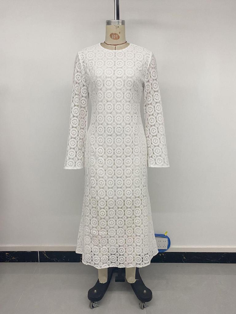 European & American 2025 Spring/Autumn Elegant Fishtail Skirt Long Sleeve Lace White Dress