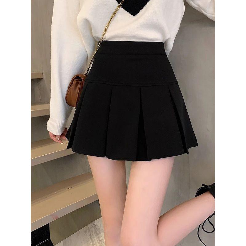 

145 Little Sized Man High Black Pleated Skirt High Waist Slimming Skirt Female Autumn A- line Miniskirt X Size XS Black XXS