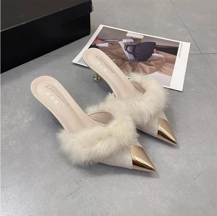 Fashion Summer Women Pump Feather Heels Fashion Simple Wind Mule Slippers Women's Slide Stiletto Heels Shoes for Women  Heels