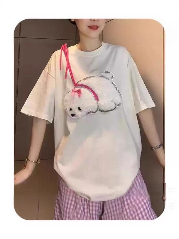 Women's Cute Cartoon Puppy Flocked Short Sleeve T-Shirt - Slimming Summer Casual Top