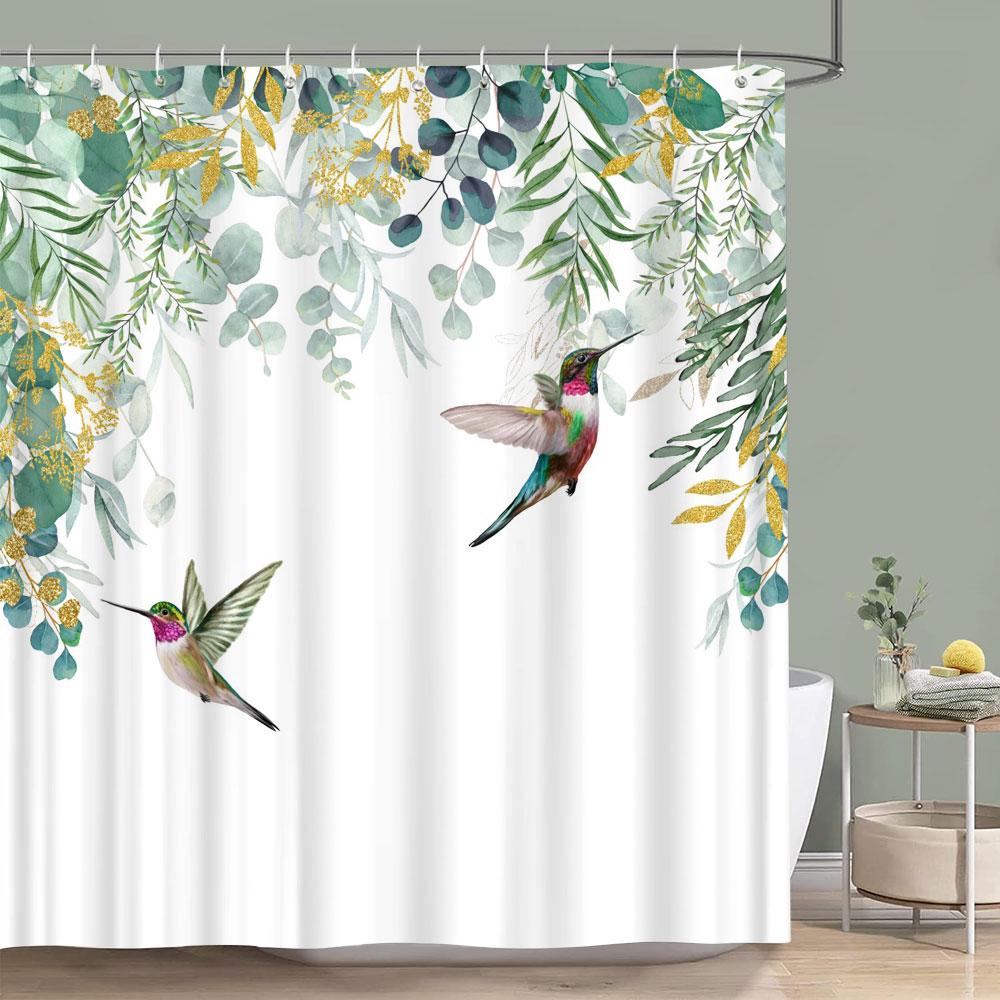 Bird Flower Shower Curtain Dahlia Eucalyptus Leaves Greenery Colourful Printed Polyester Waterproof Bath Curtains Bathroom Decor