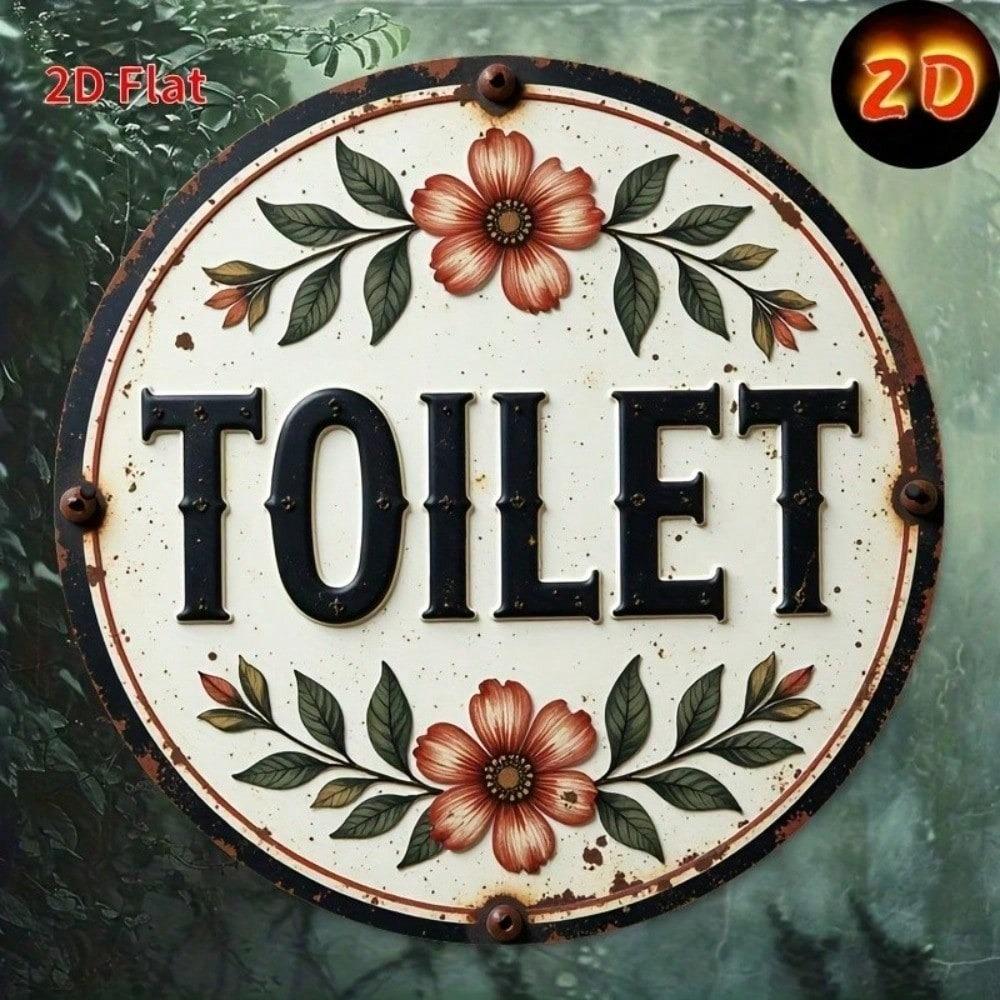1P 8x8 Round Metal Sign Funny Toilet Decor with Flowers Wall Art Bathroom Ornament
