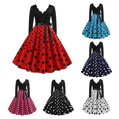 Women's V-neck Polka Dot Long Sleeved Printed Casual Hem Dress