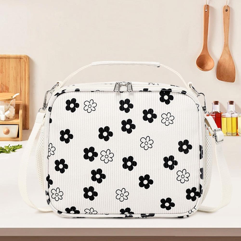 

Corduroy Storage Handbag Large School Cooler Bags Floral Printed Picnic Food Pouch for Picnic School Work Travel