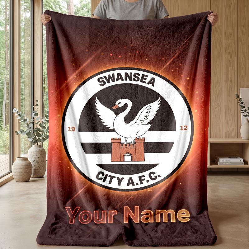 Swansea City FC Custom Name Text Flannel Blanket Soccer Logo Personalized Fleece Throw Blanket Special Gift For Sofa Bedroom Home