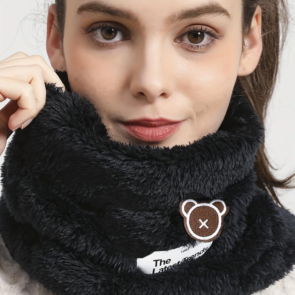 Cute Cartoon Bear Embroidery Thick Plush Scarf Cozy Warm Loop Infinity Scarf for Outdoors Elastic Windproof Fashion Accessory