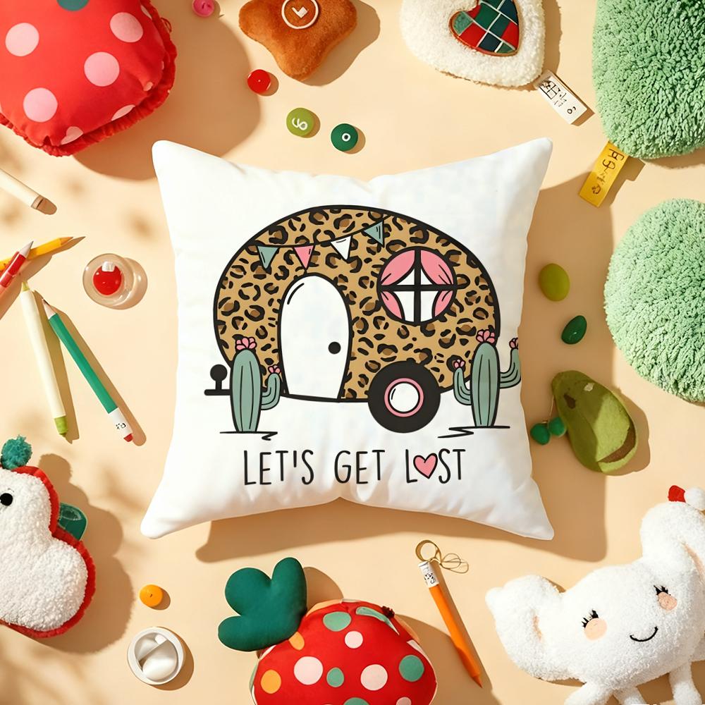 

Happy Camping RV Camper Car Cushion Cover Plush Fabric Soft Printed Sofa Warm Winter Home Gift Pillow Cover 40cmx40cm