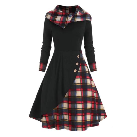 Irregular Pile Collar Hooded Button Decoration Waist Tight Autumn Dress Women Plaid Patchwork