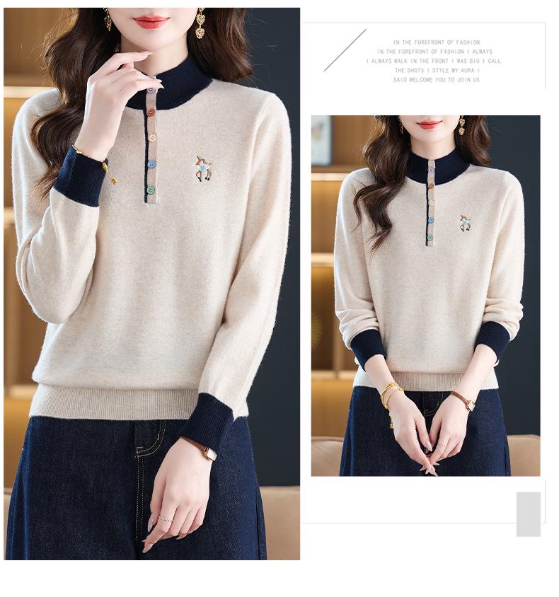 Hengyuanxiang Women's Pure Wool Round Neck Long Sleeve Sweater - Stylish Loose Knitwear for Mom