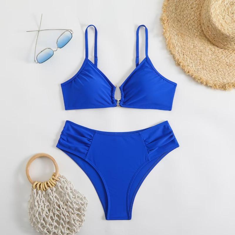 Solid Color Teal Ruched Cutout Bikini Set High Waist Two Piece Swimsuit