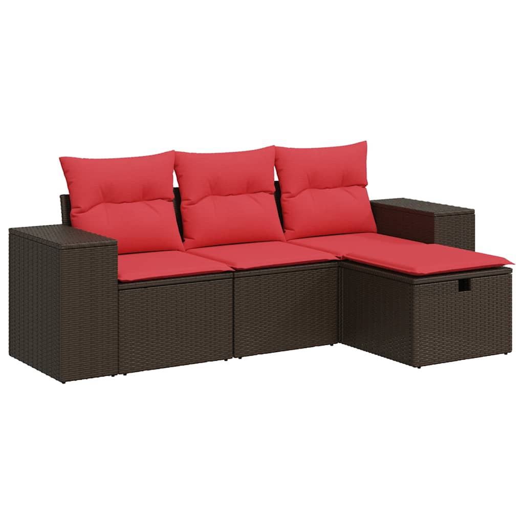 4 Piece Garden Sofa Set with Cushions Brown Poly Rattan