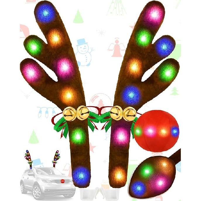 Christmas Reindeer Antlers Car Decoration Kit, LED Multicolor Lights Nose Vehicle With Jingle Bells Rudolph, Auto Holiday Accessories For SUV Van