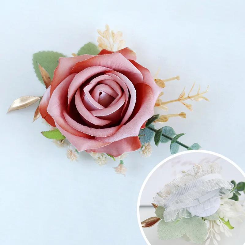 6pcs White Pink Corsage and Boutonniere Set Artificial Rose Wristlet Suit Flower for Men Wedding Party Prom Decoration