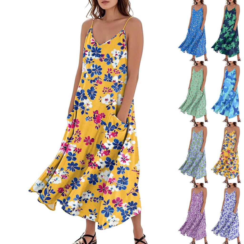 Women's Fashion Casual Floral Print Sleeveless Pocket Long Beach Dress