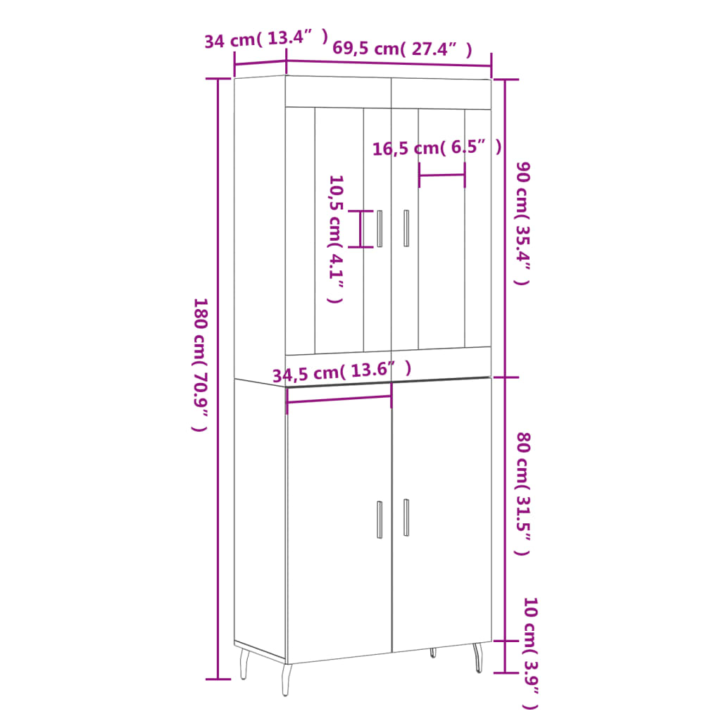 vidaXL Highboard White 69.5 x 34 x 180 cm Particleboard