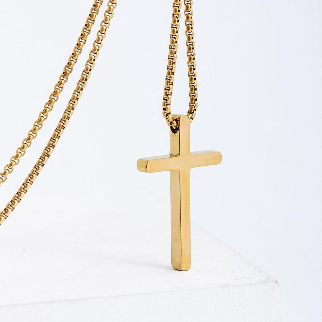 Men's Stainless Steel Cross Necklace - Long, Polished Titanium Pendant, Versatile Style