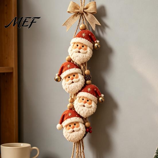Xmas Tree Hanging Pendant Wooden Santa Claus Ornament, 2D Flat Pattern Sign with Jute Christmas Decorations for Home Shop Rope And Bell, Vintage Door