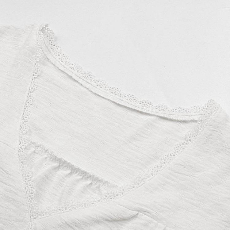 Summer Women White Lace Panel V Neck Short Sleeve Loose Blouse Shirt