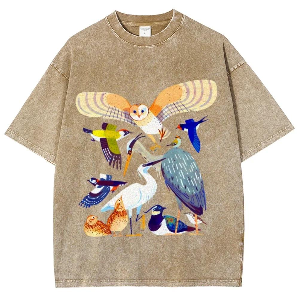Unisex Classic Communication Owl Print Women T-shirt Breathable Cotton Short Sleeve Washed Vintage Worn Out Female T Shirts