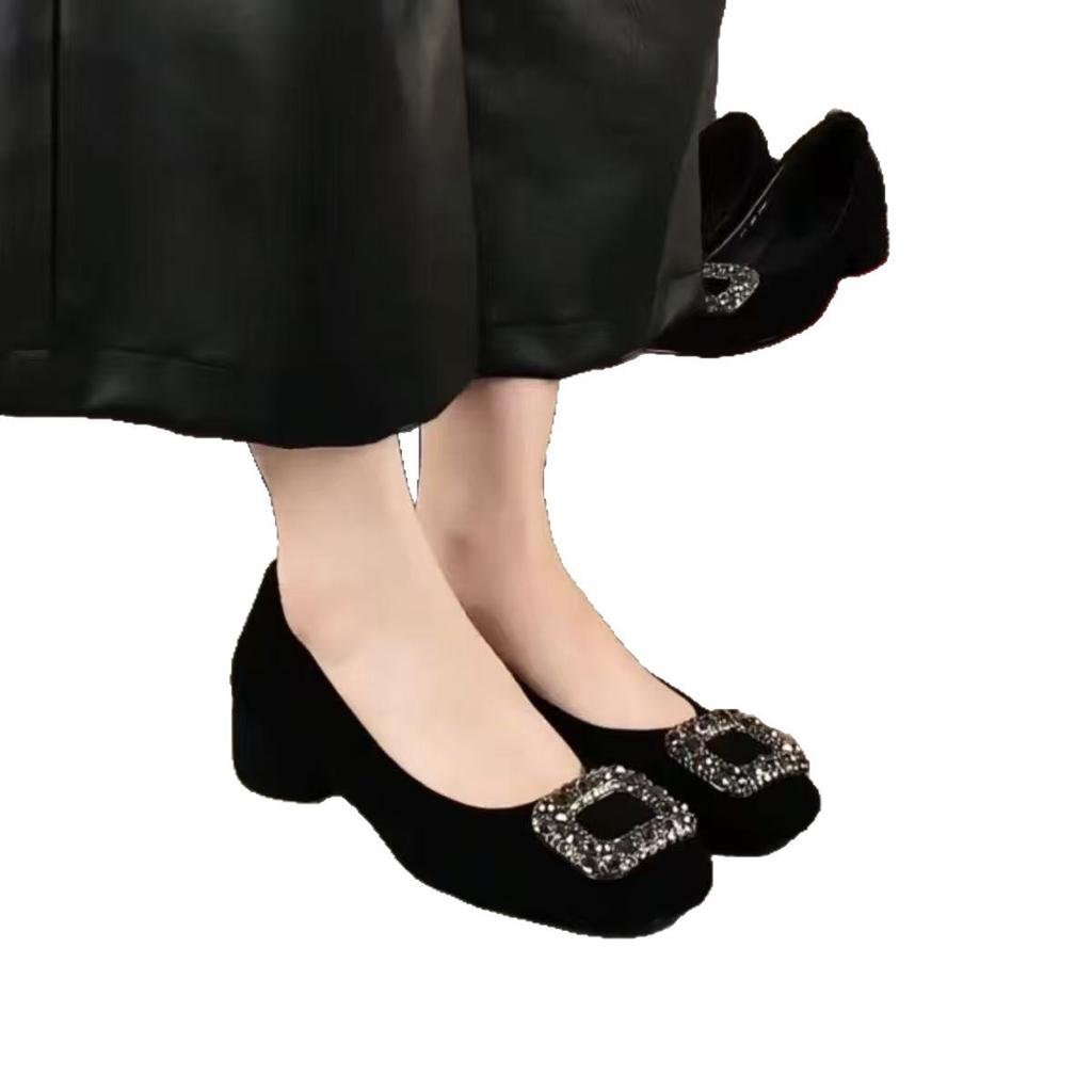 Shallow Single Shoes Autumn Square Head Shallow Mouth Soft Sole New Rhinestone French Black Temperament Shoes