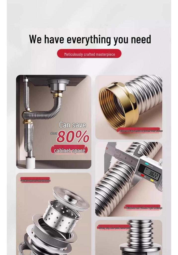 Stainless Steel Double Bowl Kitchen Sink Drain Pipe Set with Anti-odor Feature
