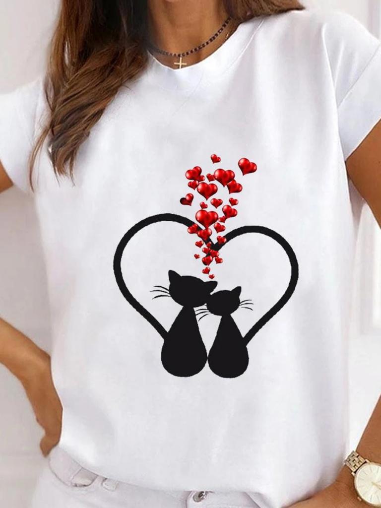 Fashionable Cartoon Cat Printed Womens Tshirt Fashionable Round Neck Top Casual Short Sleeved Womens Clothing