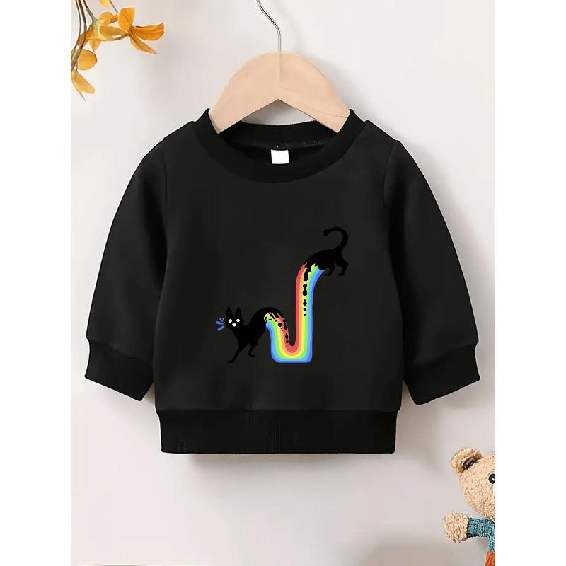 European sizes Rainbow Black Cat Print Long-Sleeve Round-Neck Sweatshirt for Kids Aged 0-3