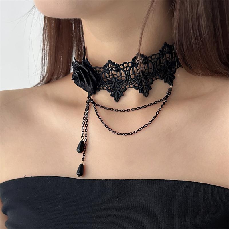 Vintage Gothic Pearl Rose Pendant Clavicle Necklace with Lace Tassel