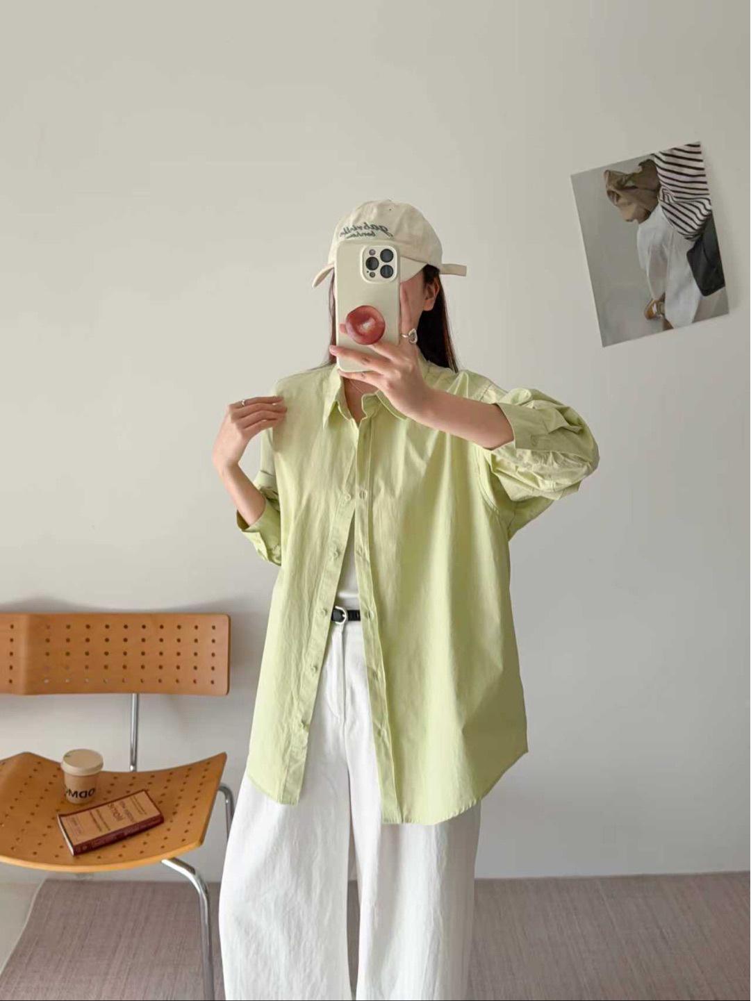 

Women s Stylish Summer Long-Sleeve Buttoned Waist-Cinched Top Shirt One Size (80-140 cm bust) светло-зеленый
