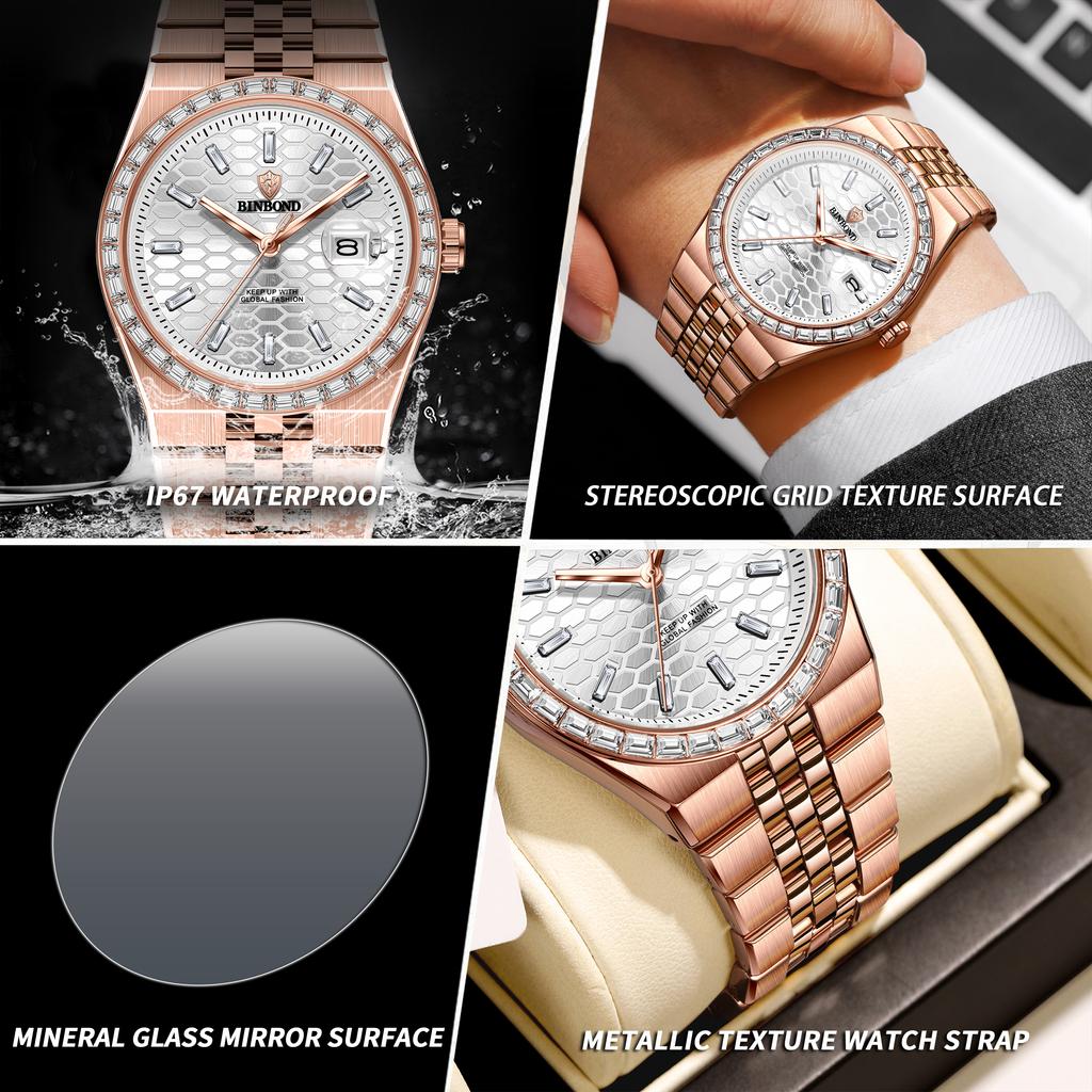 BINBOND Top Luxury Men's Quartz Watch Men's Diamond Watch Waterproof Night Light Date Week Stainless Steel Watch