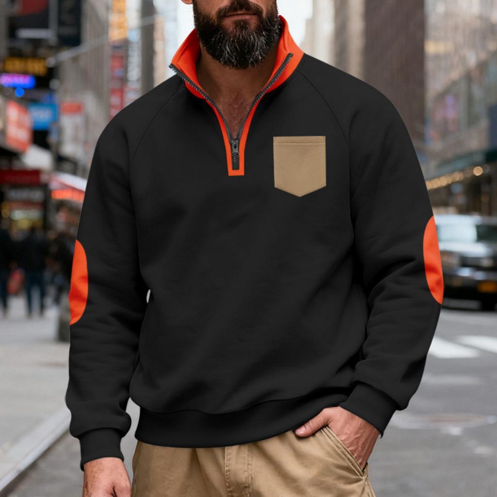 Men's Loose And Casual Two-color Fleece Stand-up Collar Pullover, Half-zipper Long-sleeved Sweatshirt