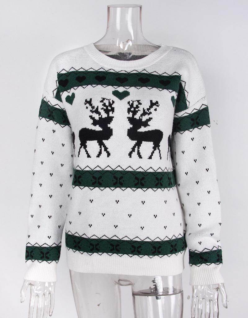 Autumn and winter knitted sweater christmas elk jacquard pullover crew neck top sweater women