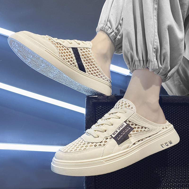 2025 Mesh Halbschuhe für Herren Pantoletten Schnürschuhe Herren Semi-Drag Freizeitschuhe Sandalen Flache Sommer Backless Loafer Slipper Herren Pantoletten