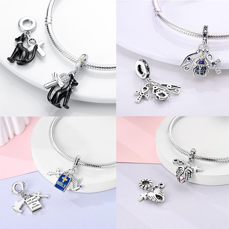 Original 925 Silver Easter Charms Angel Zircon Cross Beads Pendants Fit Original Bracelets For Women DIY Jewelry Gift
