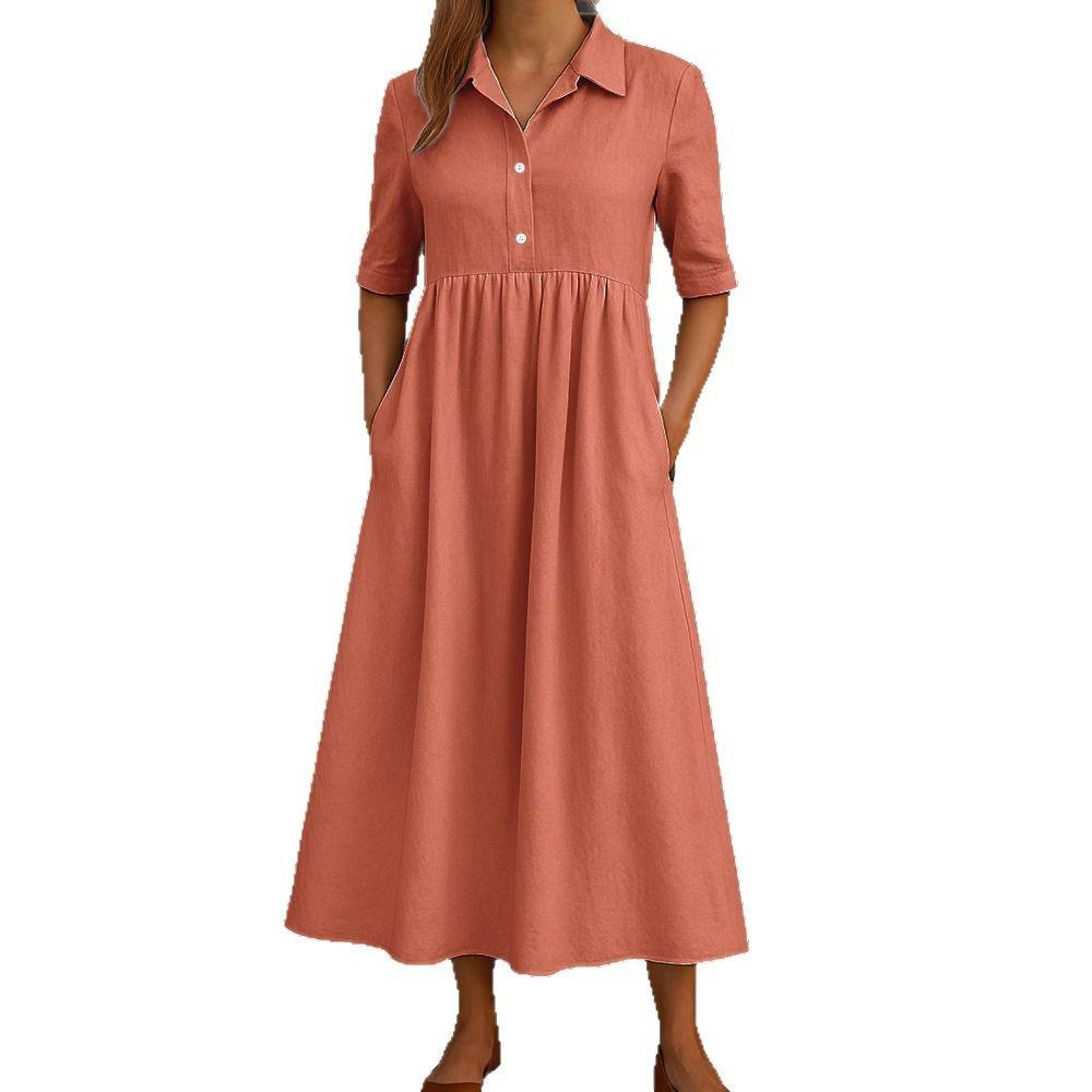Women's Casual Button-Down Shirt Dress with Pockets, Loose Fit, Pleated Hem, Short Sleeve