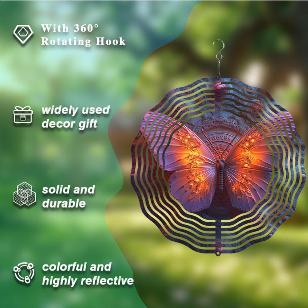 10 Inch Metal Wind Chime Double Sided Butterfly Design 360 Degree Rotating Hook for Outdoor Garden Lawn Decoration Vibrant Colors