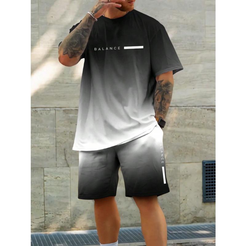 Trendy Gradient Color Short Sleeve T Shirt Shorts Set Plus Size Vacation Beach T-shirt Shorts 2-piece Set Loose Men's Clothing