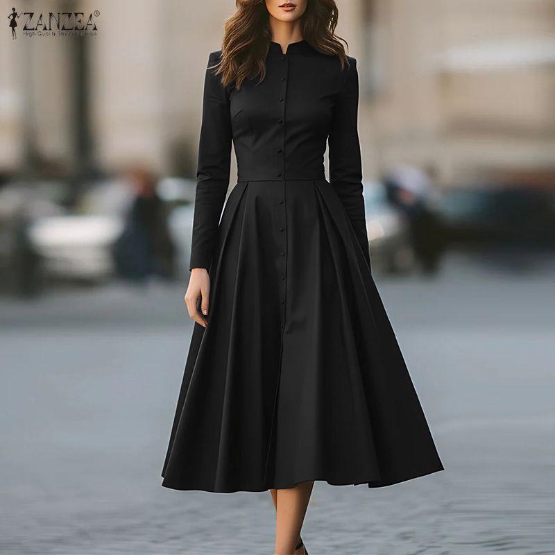 ZANZEA Women Casual Stand Collar Elegant Long Sleeve Dress
