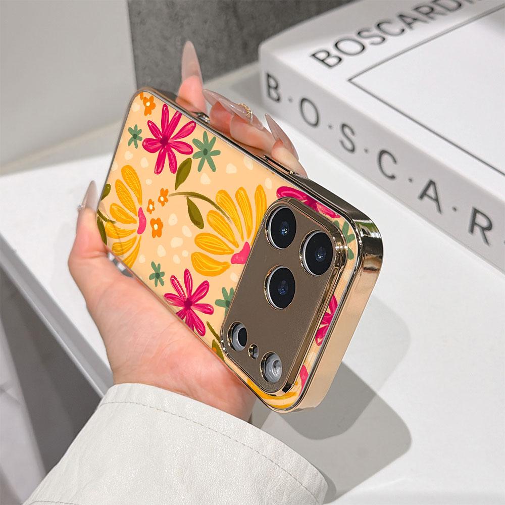 Lucky Start Phone Case For iPhone 17 16 15 14 13 12 11 Pro Max 16E Gold Electroplated glass shell Bright Flowers Cover