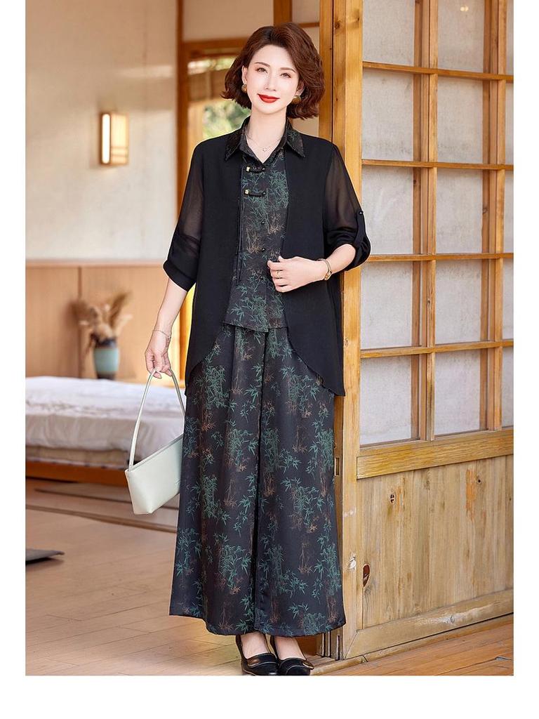 Elegant Summer Two-Piece Set: Chinese Style Wide-Leg Pants & Faux Two-Piece Top for Women