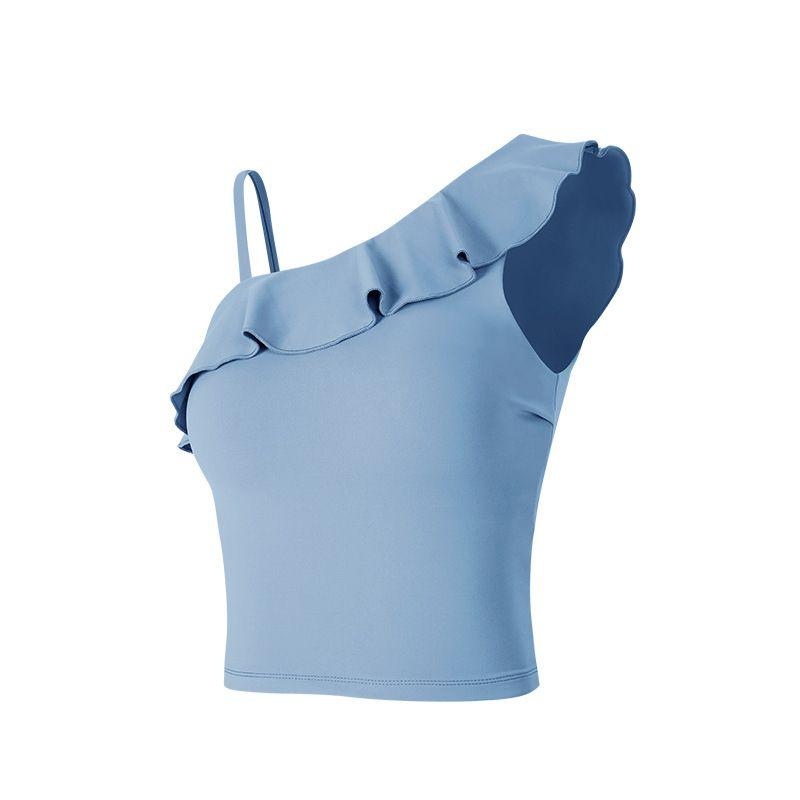 Spaghetti-Strap Ruffle Yoga Clothing Top Sexy Cropped Women's Summer Yoga Short Sleeve Nude Feel Tank Top Tights