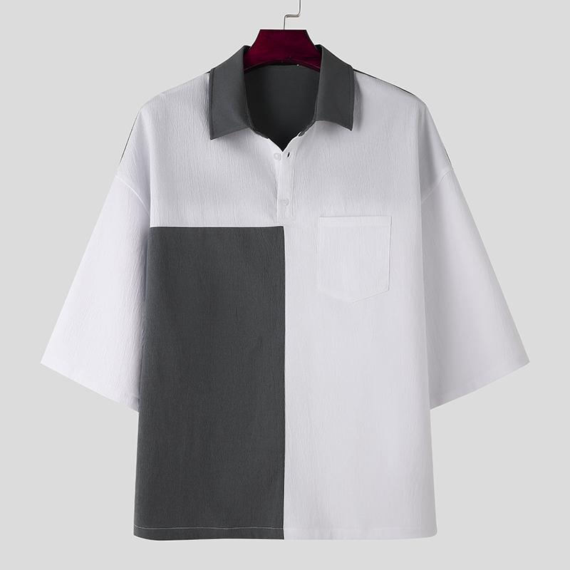 INCERUN Men Oversized Stitching Short Sleeve Tops Summer Lapel Loose T-shirts