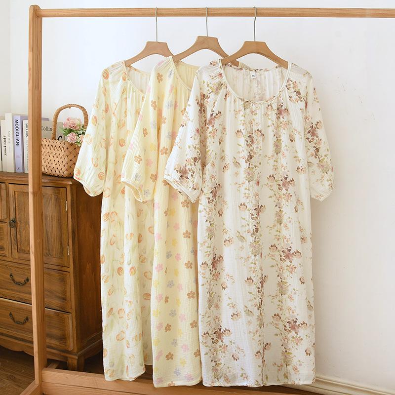 2026 New Women's Spring/Summer Sleeping Skirt 100% Cotton Crepe Cloth Skirt Round Neck Five Sleeve Loose Sweet Home Dress