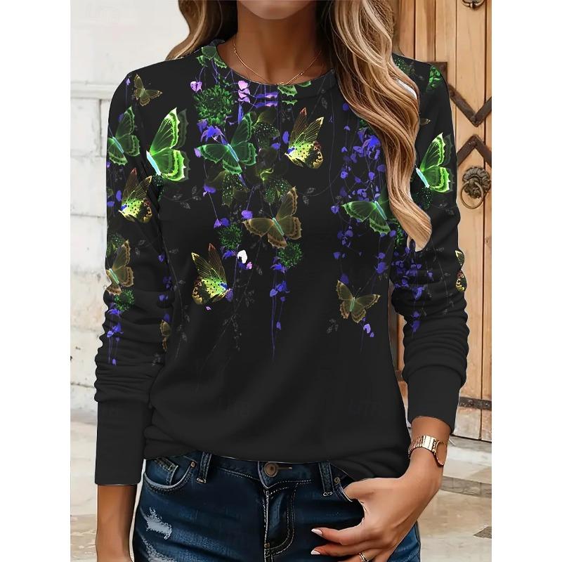 

Women s Sweatshirts Print Graphic Butterfly Warm Classic Casual Long Sleeve Crew Neck Round Neck Regular Tops 2XL