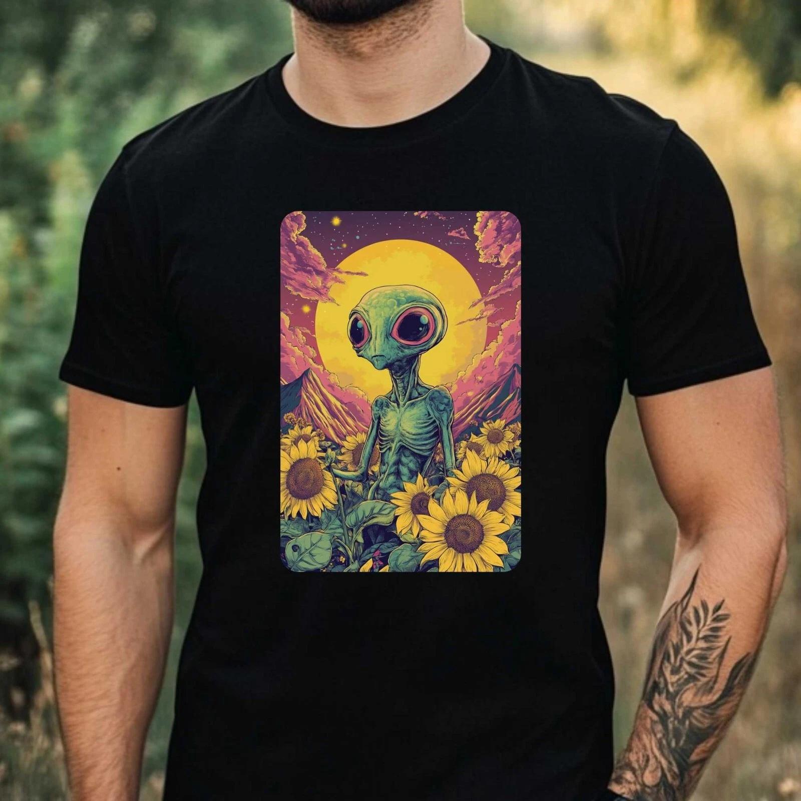 T-Shirt Herren Alien mit Sonnenblume Motiv Baumwolle Größe XS bis 5XL S