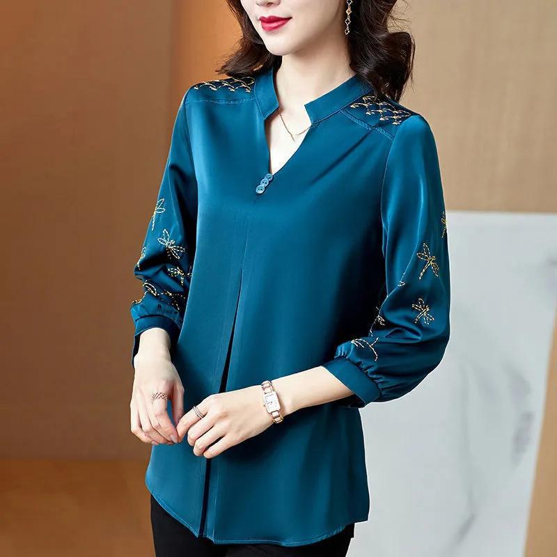 Spring Autumn Solid Colour Plus Size Women's Short Thin Section V Collar Seven Minute Sleeve Chiffon Shirt