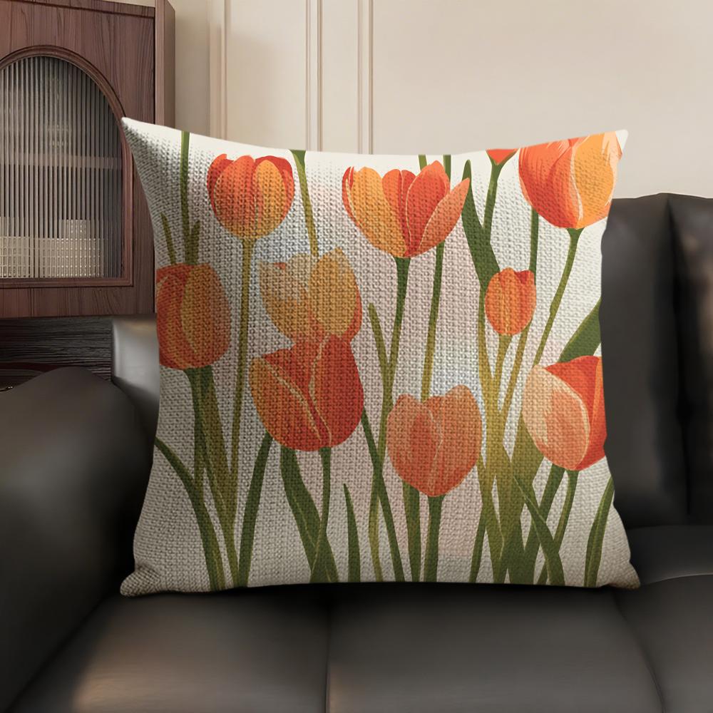 Watercolor Tulip Painting Cushion Cover Natural Linen Organic Fabric DoubleSided Printing Sofa Home Decor Gift Pillow Case