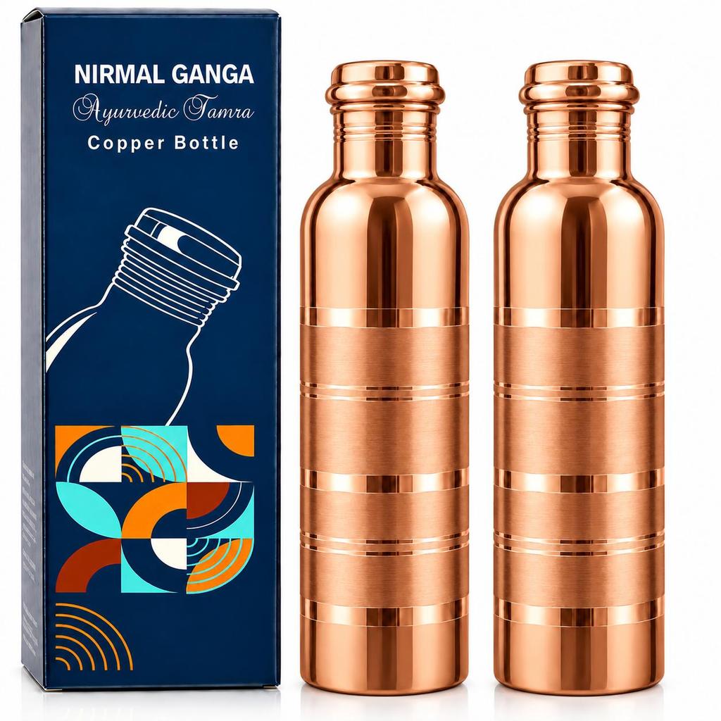 Nirmal Ganga Silver Touch Luxusná medená fľaša 1L (Balenie 2 ks) | Prémiová medená fľaša na vodu | Elegantná a nepriepustná