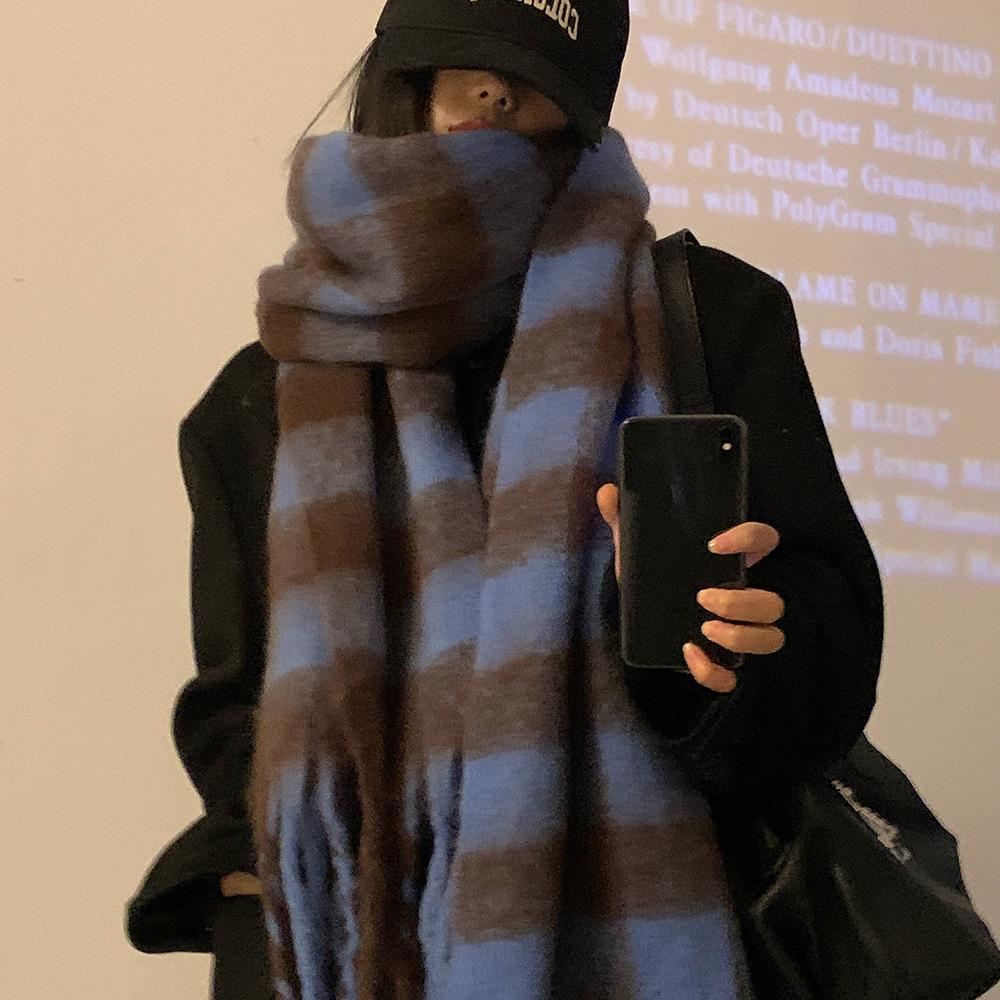 Mohair Cooling Scarf for Women Winter New Versatile Shawl High End Thickened Blue Plaid Scarf